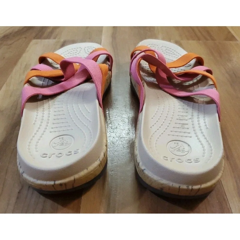 Crocs Edie Stretch Sandals Womens 10 Pink Orange‎ Slides Criss Cross Straps